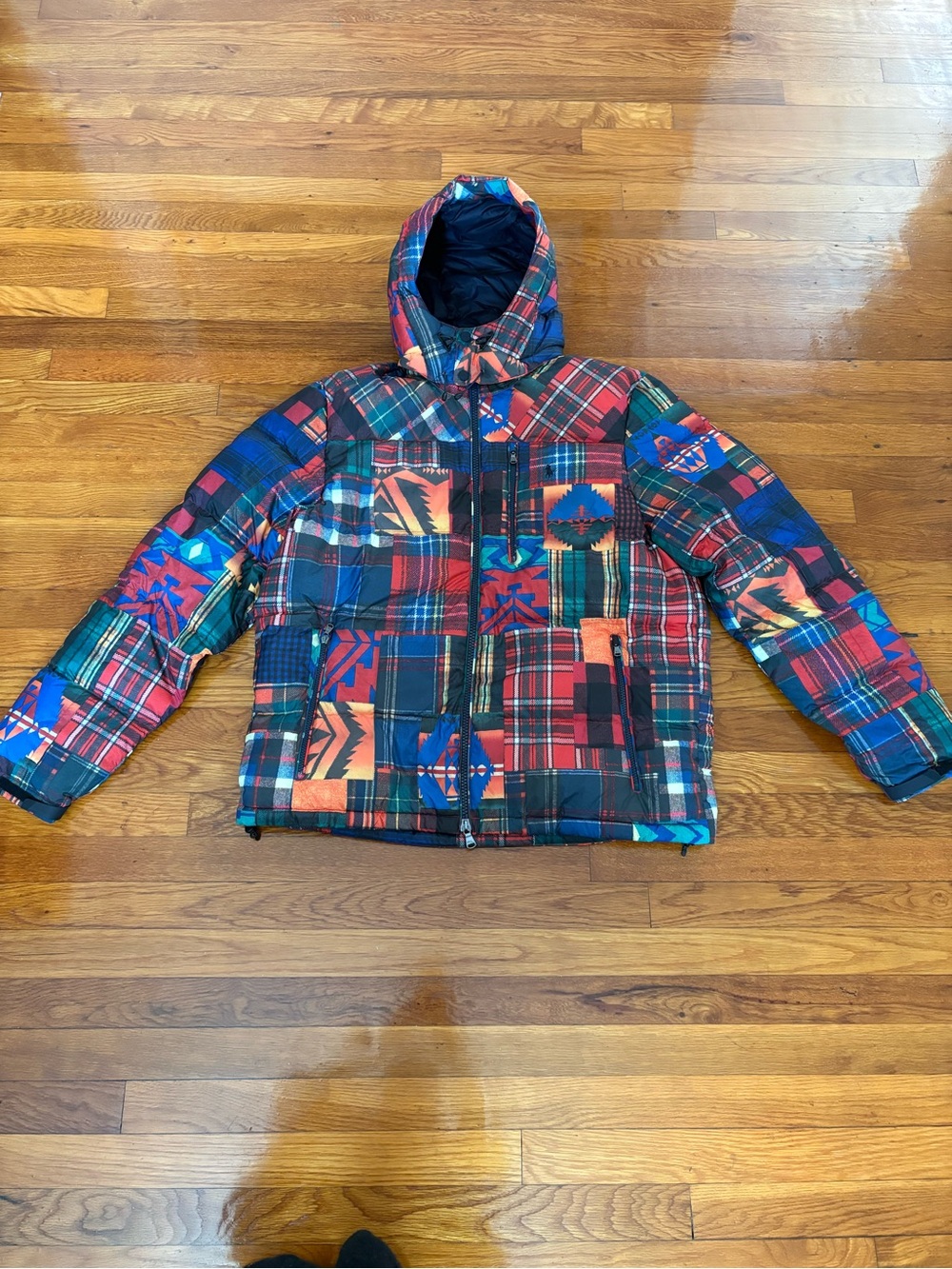 Ralph Lauren Multicolor Patchwork Plaid Hooded Puffer Jacket